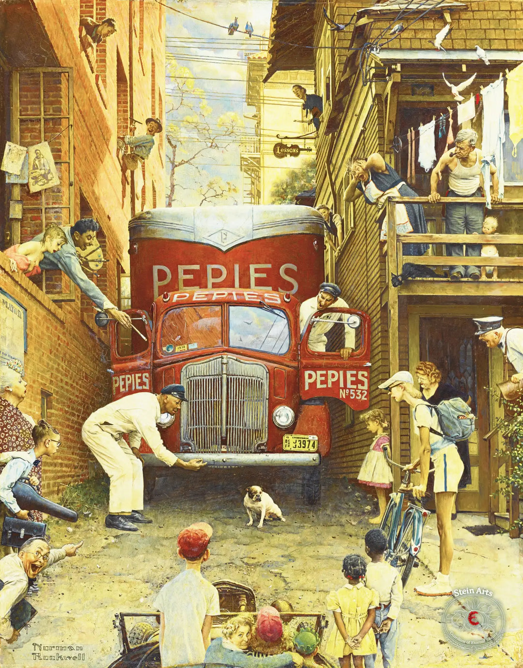 Atasco en la vía (bulldog bloqueando camión; condiciones de tráfico), Norman Rockwell