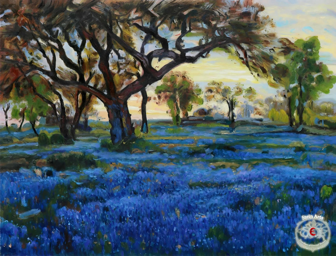 Viejo roble y bluebonnets en los terrenos militares del oeste de Texas, San Antonio, Onderdonk